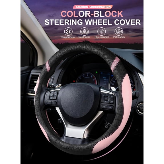 Steering Wheel Cover for Car Universal Leather Steering Wheel Cover for Women 15 Inch, Pink