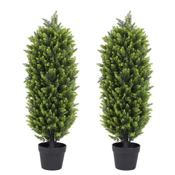 3FT Boxwood Outdoor Topiary Set of 2 Fake Plant Topiary Trees Artificial Outdoor with Sturdy Pot for Porch Outdoor Indoor