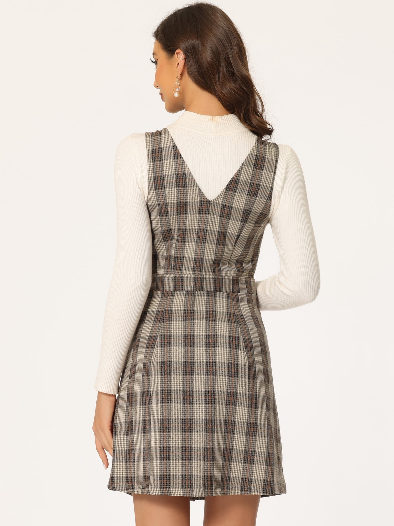DARING DIVA Houndstooth Plaid Suspenders Pinafore Overall Dress M Brown Orange