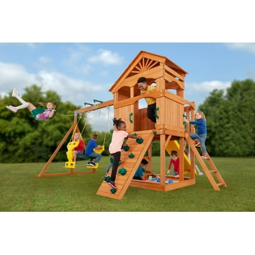 Creative Cedar Designs Timber Valley Wooden Playset with Wooden Roof, Glider Swing, Sandbox, Climbing Wall, Ladder, Slide & Belt Swings