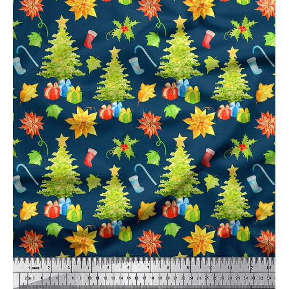 Soimoi Blue Cotton Jersey Fabric Gifts & Christmas Tree Printed Fabric 1 Yard 58 Inch Wide