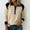 thumbnail image 2 of Vinsonshop Womens Long Sleeve Polo Shirts Color Block Button Down Collared V Neck Casual Ribbed Knit Henley Tops Fall Fashion Beige L, 2 of 6
