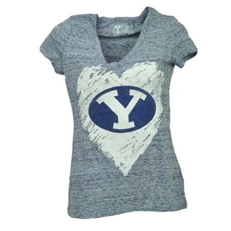 NCAA Brigham Young Cougars Heart Navy Blue Tshirt Tee Womens Distressed XLarge