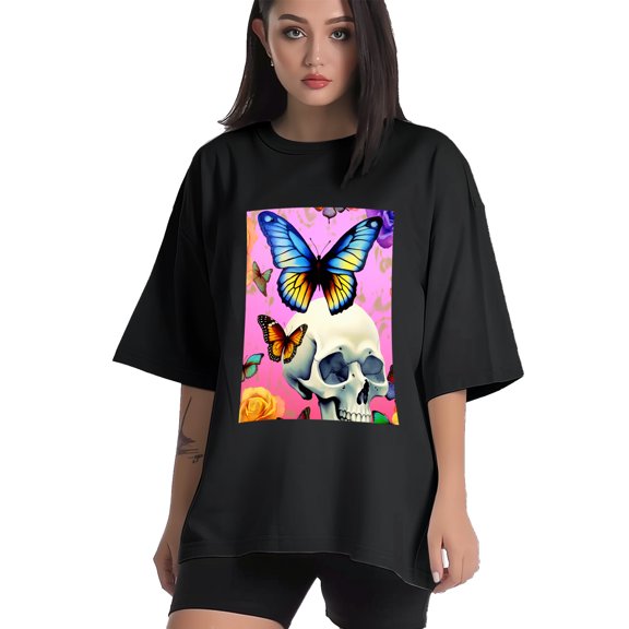 Plus Size Shirt for Women Black Tops for Women Short Sleeves Shirt for Women Butterfly And Skeleton1 T Shirt Crewneck Shirt for Women XS