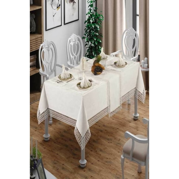 Wear Sierra 26-Piece Tablecloth Set, Linen-Like Material with Lace Edging and Faux Pearl Napkin Rings, Champagne Kisses Design