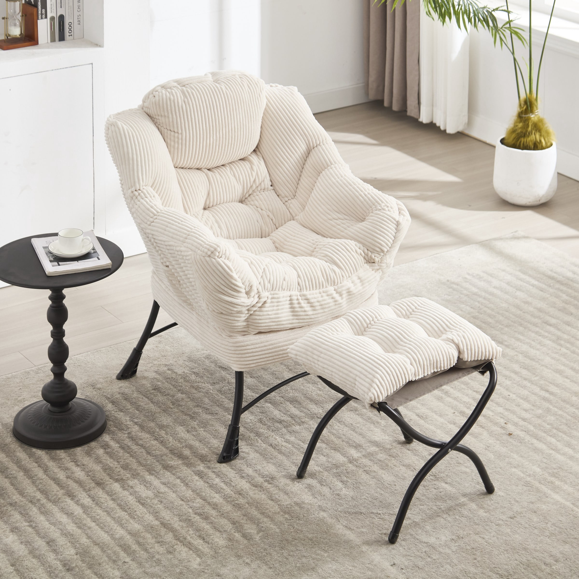 Lazy Chair with Ottoman, Modern Lounge Accent Chair with Armrests and a Side Pocket, Leisure Upholstered Sofa Chair Reading Chair with Footrest for Small Space, Corner Chair