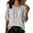 thumbnail image 2 of Qulqfy Crew Neck Womens Blouses Cotton Linen Short Sleeve Casual Solid Elastic Hem Gray Spring Boho Women Tops S, 2 of 5