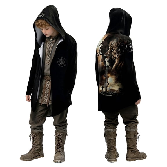 Zylarhe Kids Halloween Capes Viking Longline Tunic Cape Coat for Adventure Play Black 7-8 Years