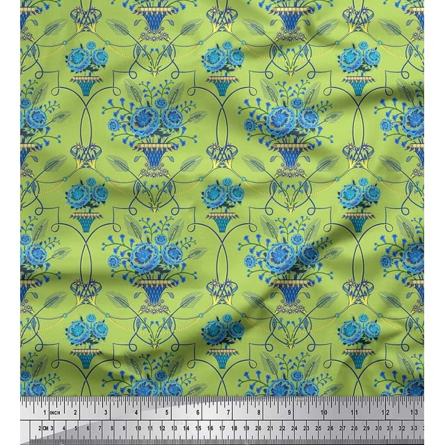 Soimoi polyester Crepe Fabric Pot & Artistic Flower Print Sewing Fabric Yard 42 Inch Wide