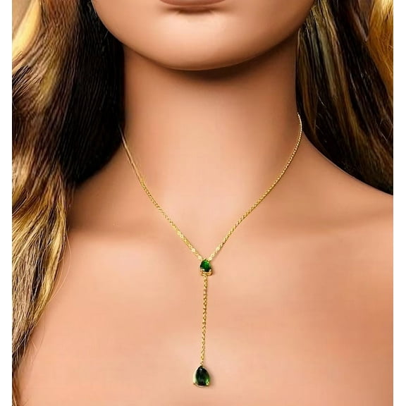 4Ct Pear Cut Lab-Created Green Emerald Lariat Teardrop Women's Necklace 14K Yellow Gold Plated 18"