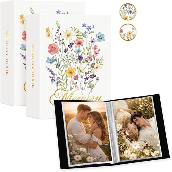 Photo Album 4x6 100 Pictures 2 Packs, Flower Small Mini Capacity PU Leather Photo Book Sets, Each Pack Holds 100 Vertical Photos Memory Albums Book for Family Anniversary Wedding Travel