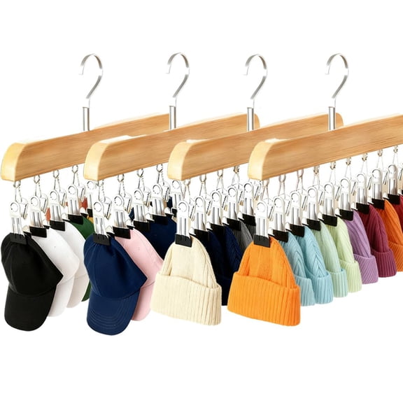 4 Pack Hat Hangers for Closet Display, Wooden Hat Storage Organizer with 40 Metal Clips for Baseball Caps, Winter Hat Rack for Beanie, Skullies, Visors, Walnut Brown Color