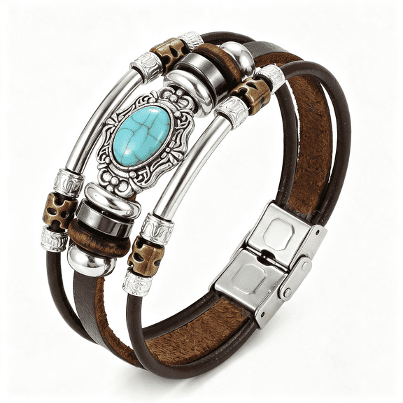 DESIGNICE Vintage Western Bracelets for Women, Multi-Layer Faux Turquoise Bracelets, Faux Leather Trendy Country Jewelry, Stackable Bangle with Secure Clasp Gift