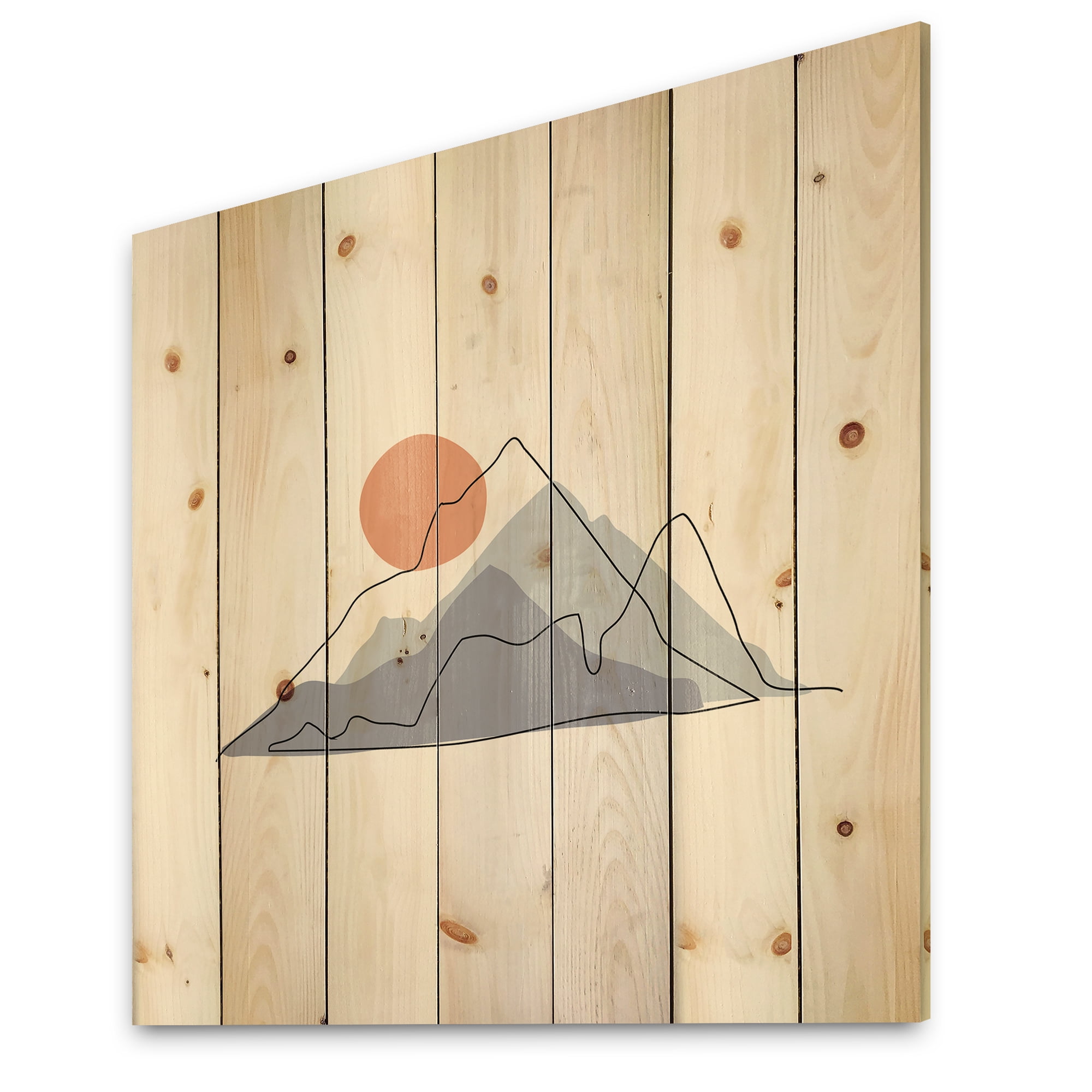 Designart 'Abstract Red Moon With Mountainscape' Modern Print on Natural Pine Wood