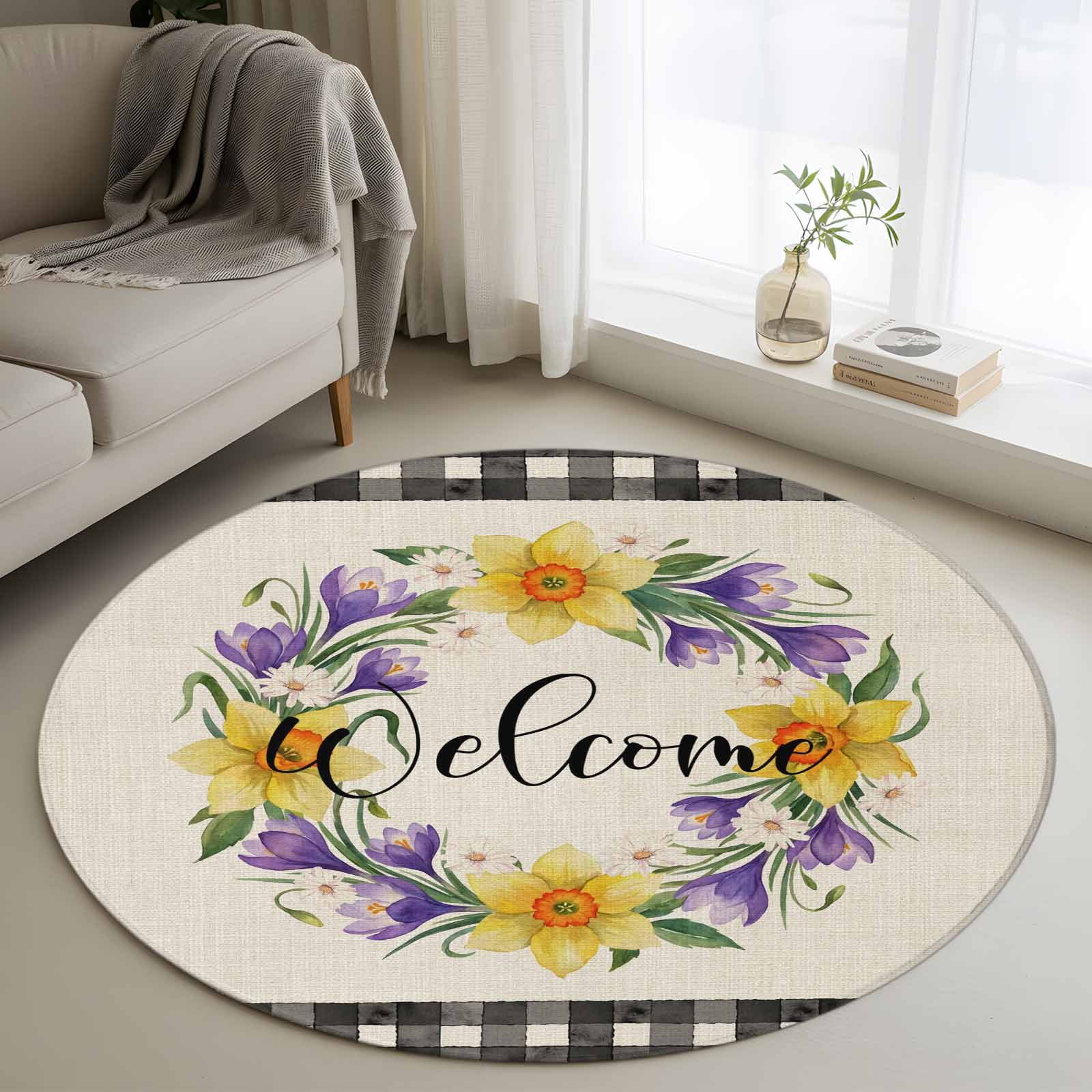 Round Rug 3ft Area Rug Spring Watercolor Flower on Linen Area Rugs for Living Room Bedroom Welcome Text Black Checker Floor Mat Non-Slip Non-Shedding Carpet Indoor Accent Rugs
