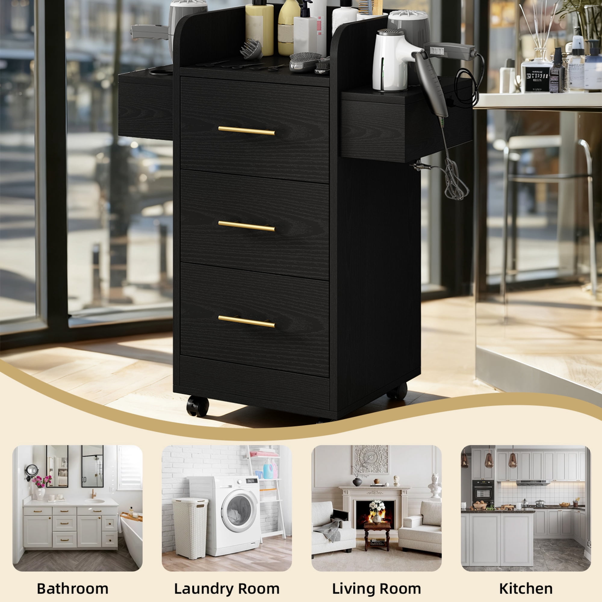 4 EVER WINNER Black & Gold Barber Cabinet with Gold Handles, Rolling Salon Storage Cart for Hair Stylists, 3 Drawers & 6 Hair Dryer Holders, Durable Engineered Wood Mobile Station for Salon Spa Home