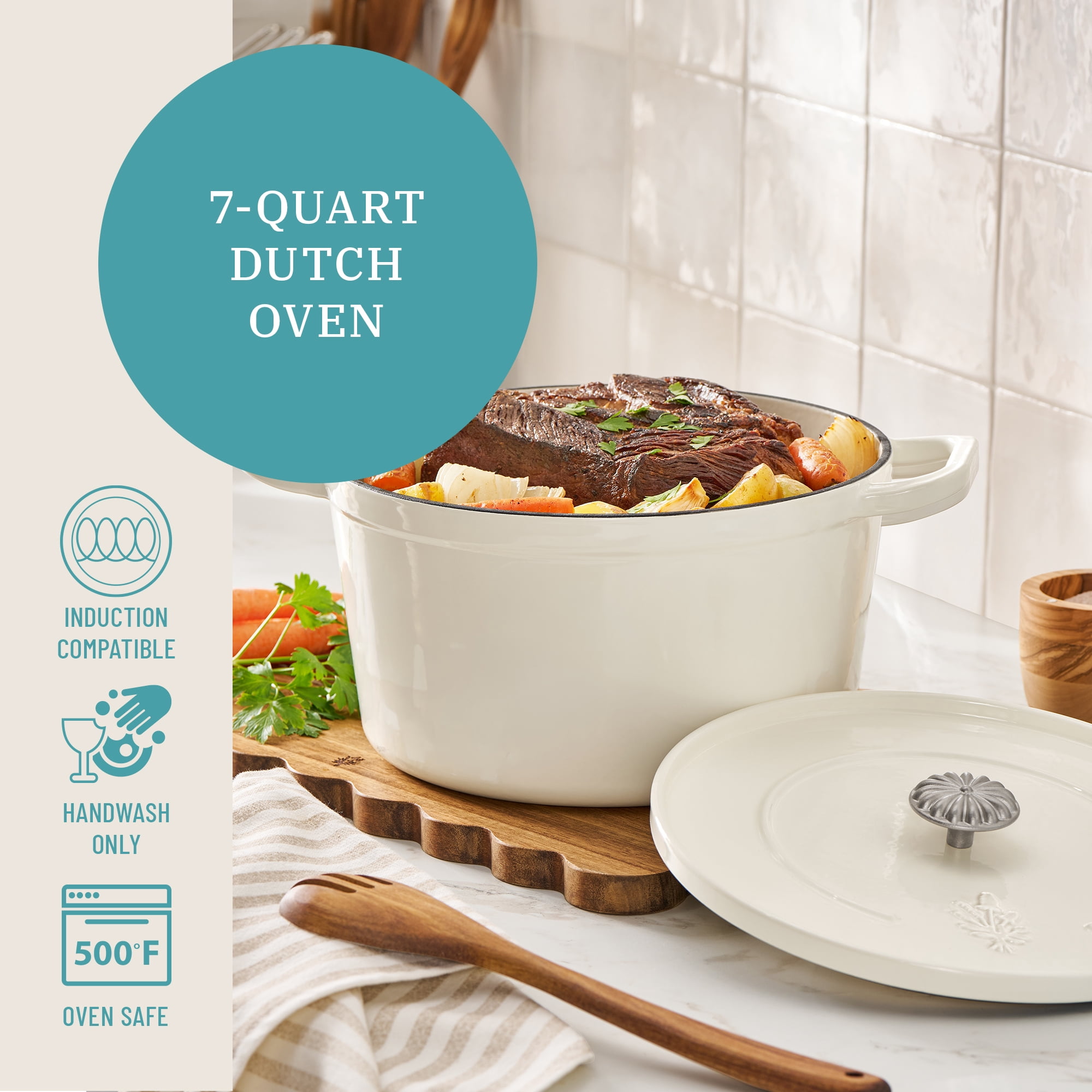 The Pioneer Woman 7-Quart Enameled Cast Iron Dutch Oven with Lid, Linen