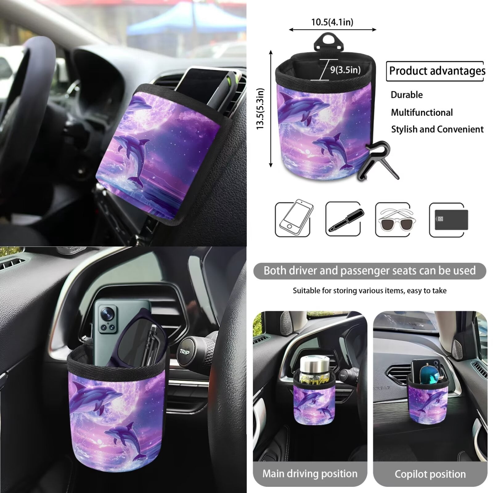 KUIFORTI 15PCS Dolphin Car Seat Covers Full Set/Seatbelt Shoulder Pads/Steering Wheel Cover/Keychain/Cup Mats/Rear View Mirrow Cover/Garbage Can/Car Mount Phone Holder, Purple