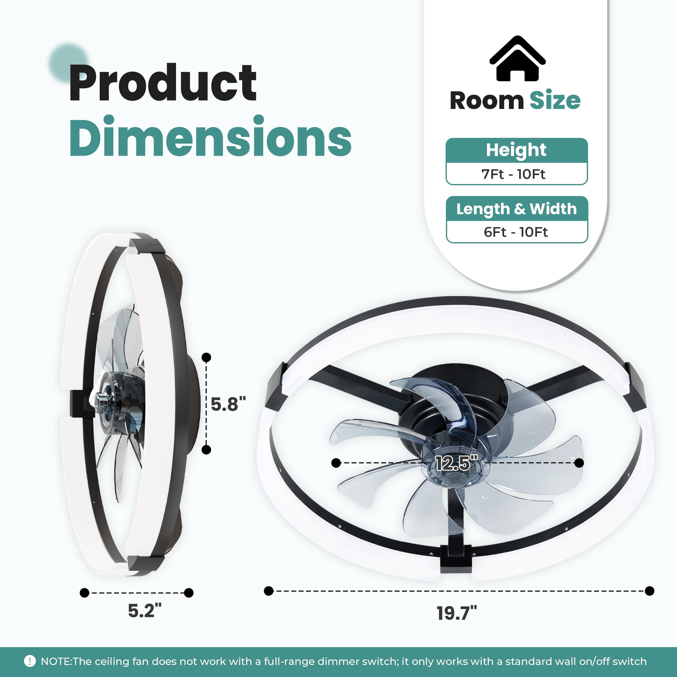 SHOUFTW Ceiling Fan 19.7inch, Caged Ceiling Fans with Lights, Farmhouse Low Profile Fandelier with Remote, Flush Mount for Bedroom, Living Room, Kitchen, 6 Wind Speeds, Black