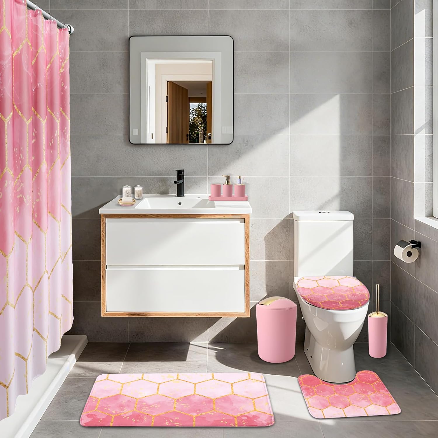25 Pieces Bathroom Set Orange and Gold Bathroom Accessories Set, Shower Curtain and Rugs, Trash Can, Toilet Brush, Soap Dispenser, Soap Dish, Toothbrush Holder, Tumbler, Tray, Qtip Holder