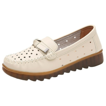 OJSFQUFP Women s Flats Women Comfort Walking Flat Loafer Slip On Leather Loafer Comfortable Flat Shoes Outdoor Driving Shoes Women Work Shoes Beige 39