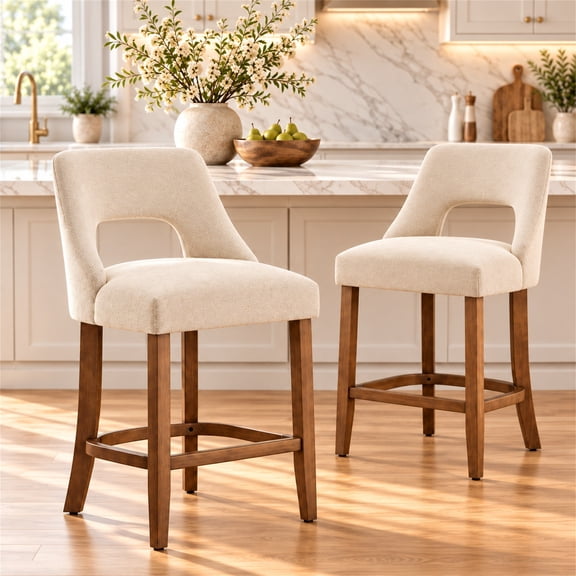 SESSLIFE Bar Stools Set of 2, 26" Counter Height Bar Stools with Open Back, Modern Upholstered Kitchen Island Stools with Solid Wood Legs, Bar Chairs for Dining Room, Beige