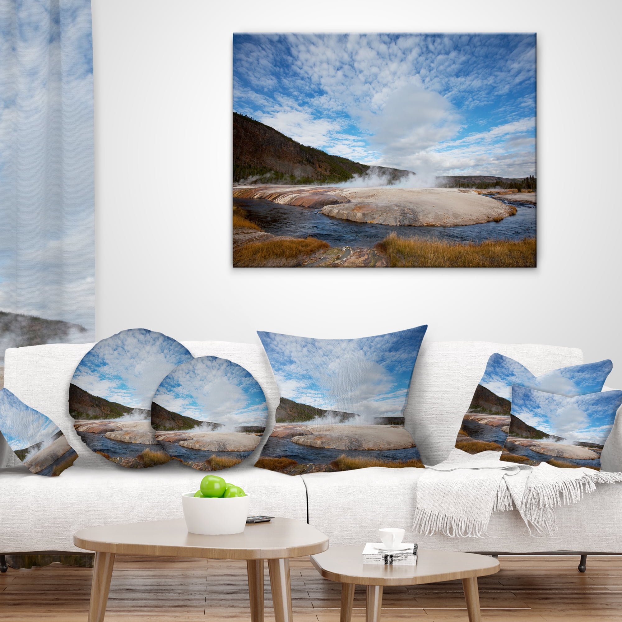 Designart Yellowstone under Bright Clouds - Landscape Printed Throw Pillow - 16x16