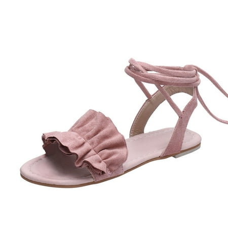 

Juejuezi Womens Sandals Clearance Sale Women Solid Color Ruffles Round Toe Flat Heel Cross Tied Sandals Roman Shoes