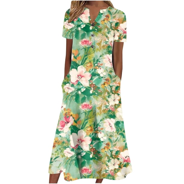 WILLBEST Vestidos de Algodon Vestido para Mujer Casual Cuello En V Manga Corta Bragueta con Botones Vestido Estampado Floral con Bolsillo Vestido Largo Casual Maxi Grande