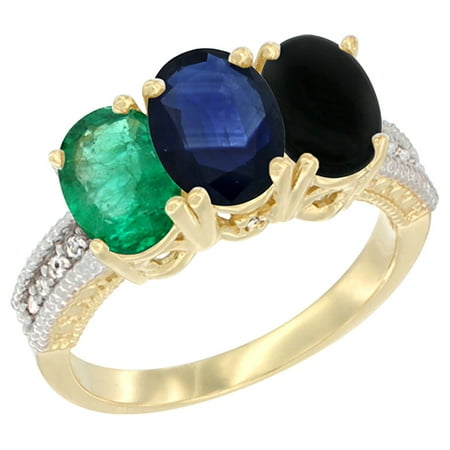 14K Yellow Gold Natural Emerald, Blue Sapphire & Tiger Eye Ring 3-Stone 7x5 mm Oval Diamond Accent, sizes 5 - (Best Yellow Sapphire In The World)