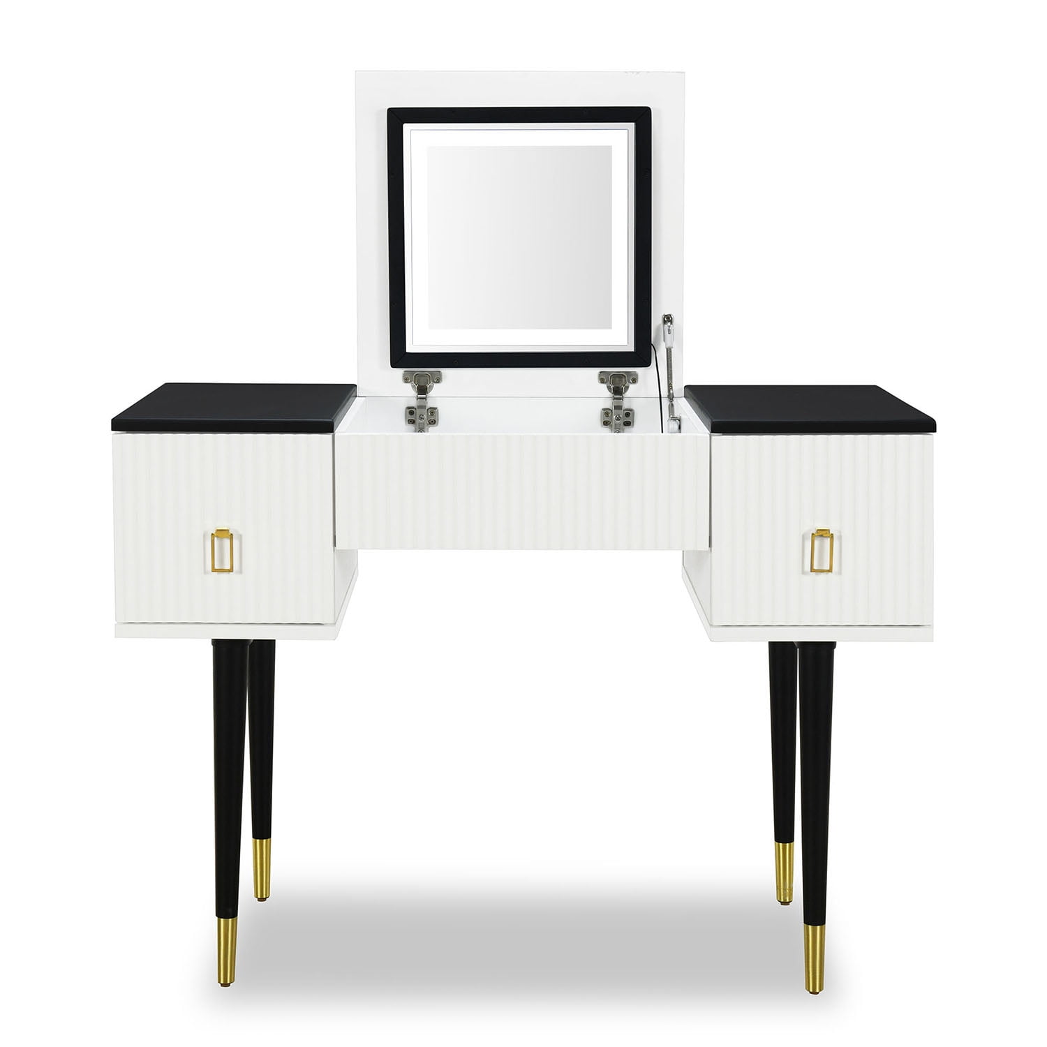 Kadyn 43.3" Modern Vanity Table Set with Flip-top Mirror and LED Light, Dressing Table with Customizable Storage, Black White