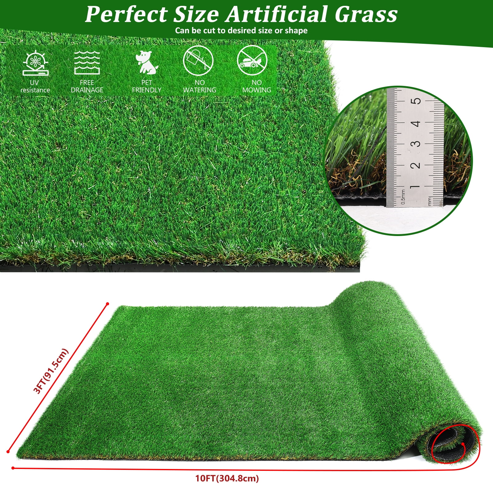 3FTx10FT Outdoor Artificial Grass Runner Rug 1.38" Pile Height Thick Realistic Fake Grass Roll with SBR Backing Dog Pet Turf Drain Mat for Patio Balcony Garden Lawn