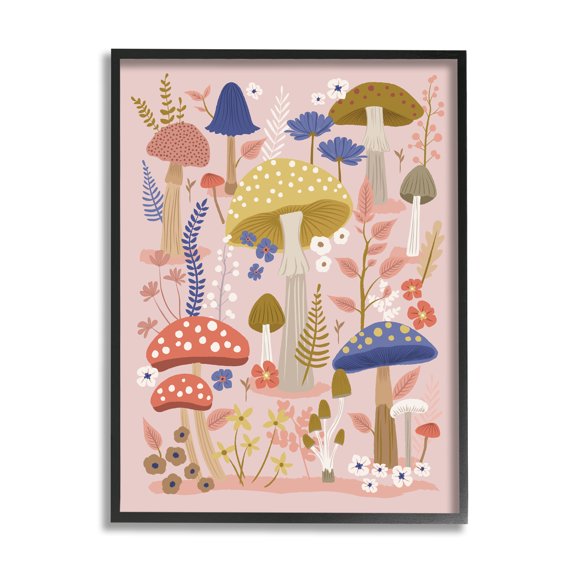 Stupell Industries Mushrooms & Botanical Pattern Botanical & Floral Painting Black Framed Art Print Wall Art, 24 x 30
