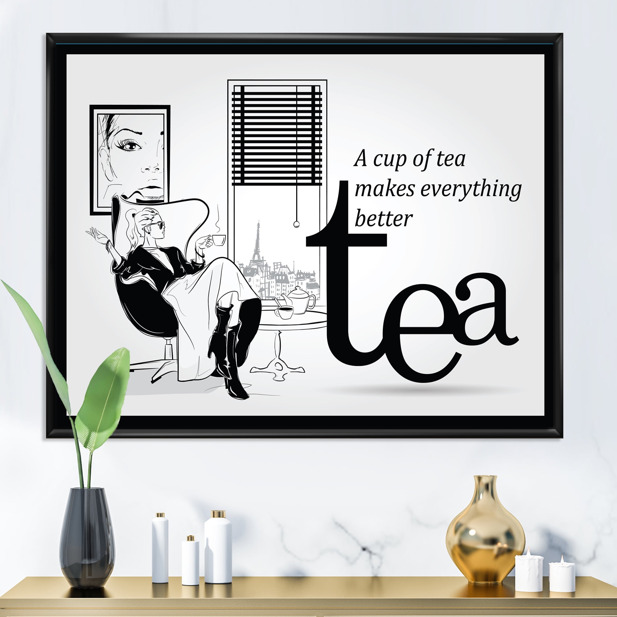 Ancient Fashion Girl Drinking A Cup Of Tea 40 in x 30 in Framed Painting Canvas Art Print, by Designart