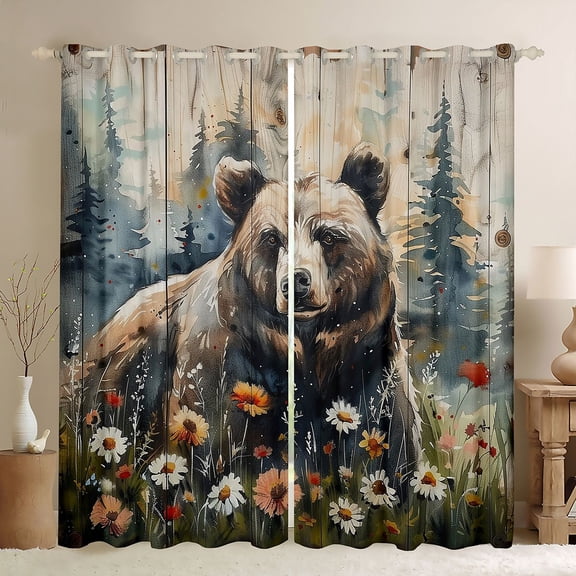 Feelyou Bear Boy Black Out Curtains, Vibrant Groovy Floral Curtains Pack of 2 (42x63 Each)