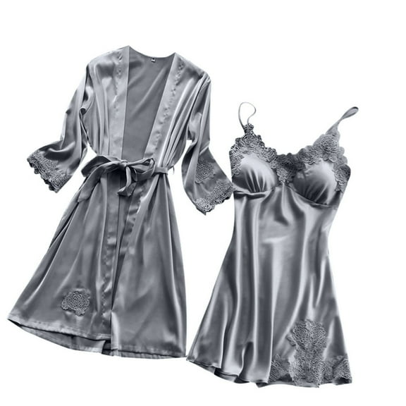 Odeerbi Women's Lingerie Dress Set 2025 Valentine's Day Lingerie Silk Lace Robe Dress Nightdress Sleepwear Kimono Set Gray