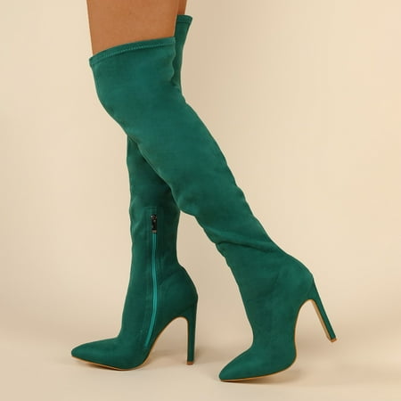 

Gubotare Womens Over The Knee Boots Women Stretch Suede Heel Over The Knee Boots (Green 7)