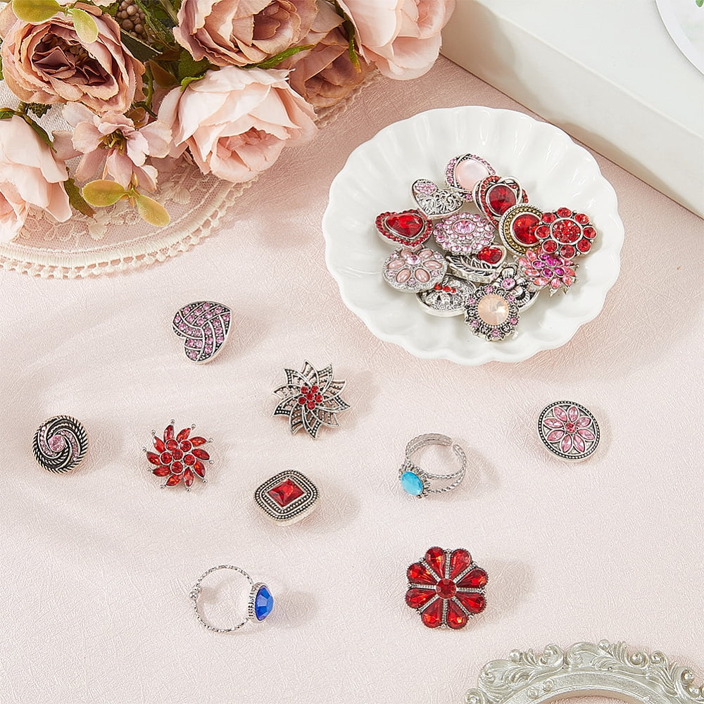 24Pcs 2 Colors Alloy Rhinestone Snap Buttons Heart Platinum Mixed Color 18~27x18~27x7~12mm 12pcs/color