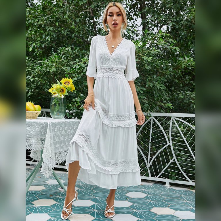 IDOPIP Women's Casual Boho Floral Lace V-Neck Dress Embroidery Cocktail  Maxi Dress Wedding Evening - Walmart.com