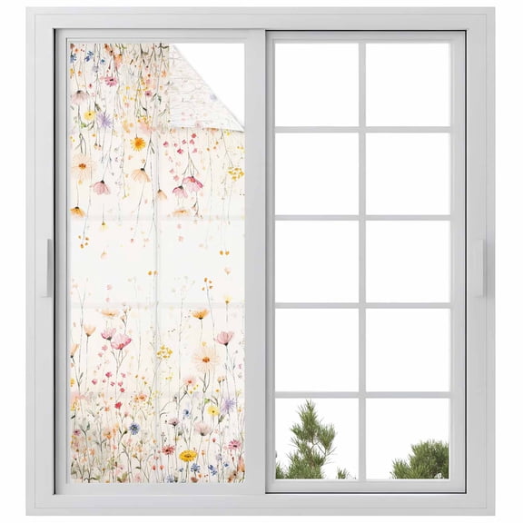 Spring Flowers Privacy Window Film, Decorative Frosted Glass Window Film, Watercolor Wildflowers Farmhouse Floral Reusable Peel and Stick Static Cling for Home Bathroom Office Glass Door 23.6"x59"