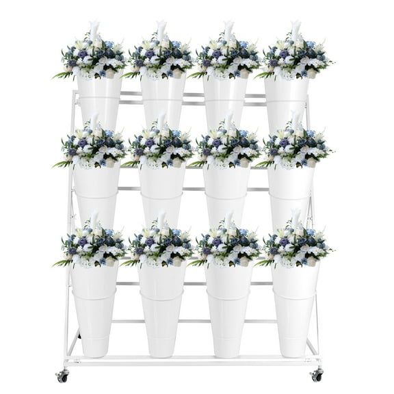 Flower Display Stand with 12 Buckets, Florist Bouquet Shelf with Wheels, Flower Cart, Moving Florist Bouquet Bar Plant Shelf for Outdoor Events and Gardens