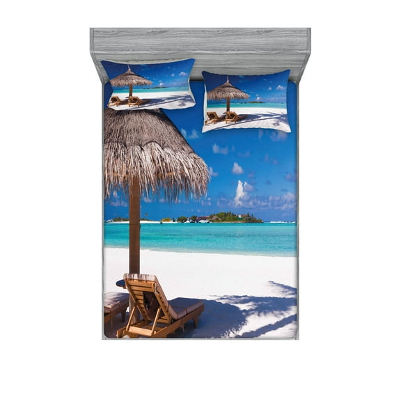 Ambesonne Ocean Fitted Sheet & Pillow Sham Set, Island Caribbean Sealife, Queen, Pale Brown Turquoise