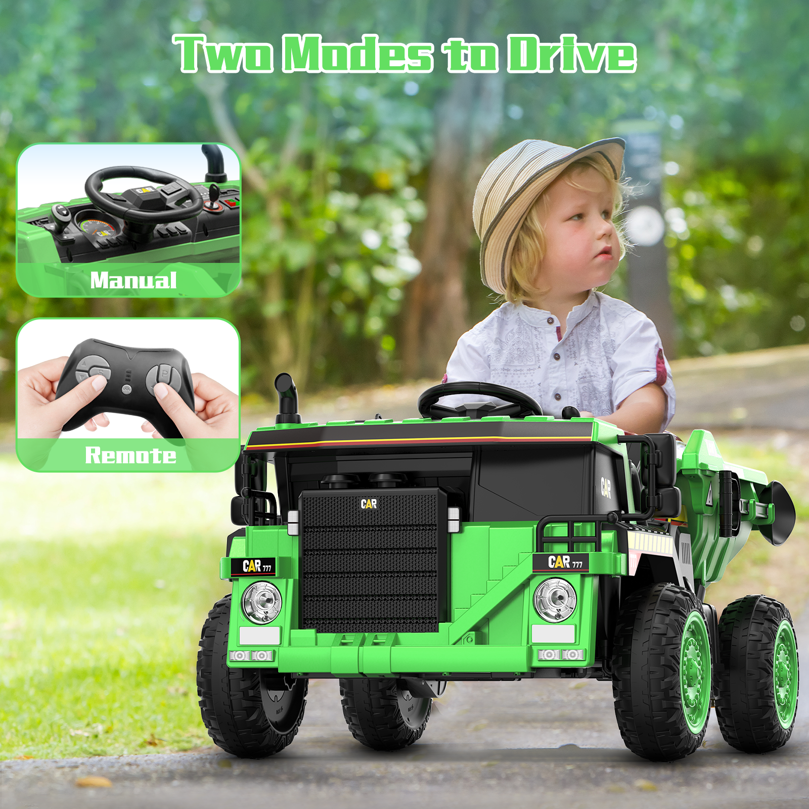 TOKTOO 12Volt Battery Powered Ride on Tractor w/ Remote Control, Music Player, Electric Dump Bed-Green - image 4 of 13