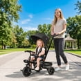 thumbnail image 3 of Qaba Baby Tricycle 4 In 1 Trike w/ Reversible Angle Adjustable Seat Removable Handle Canopy Handrail Belt Storage Footrest Brake Clutch for 1-5 Years Old Black, 3 of 11