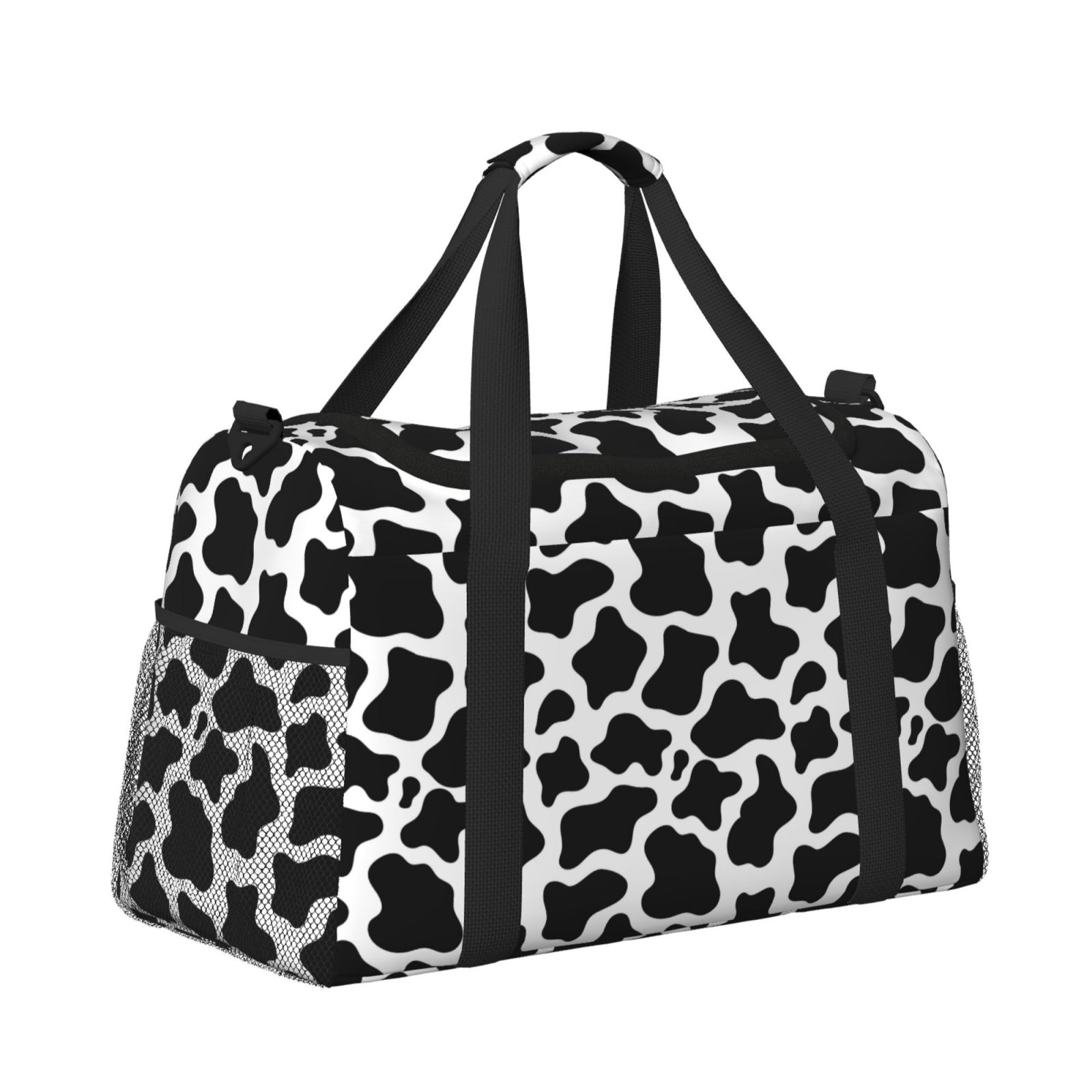 Kuqiui Cow Print Black White Print Foldable Travel Duffel Bag Tote Carry on Luggage Bag Personal item Sports Gym Bag Water Resistant Weekender Overnight Bags for Women and Men
