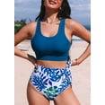 thumbnail image 6 of SHEWIN Women Bikini Sets Two Piece Swimsuits Floral Print Bathing Suits High Waisted Bikini Swimwear Racerback Tops with Bottom Blue US 2-4, 6 of 11