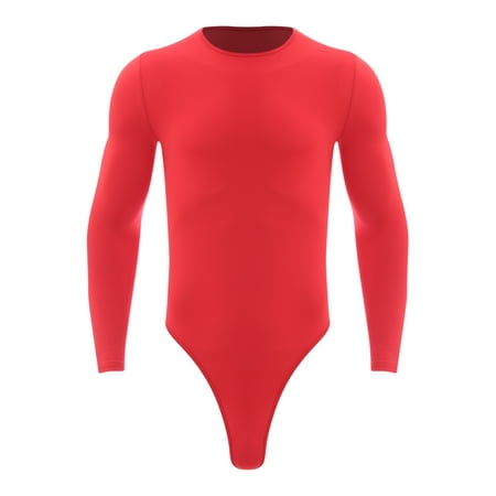Sxiwei Mens Thong Leotard Tops One Piece Slim Fit Bodysuit Long Sleeves Undershirts Sleepwear Red L