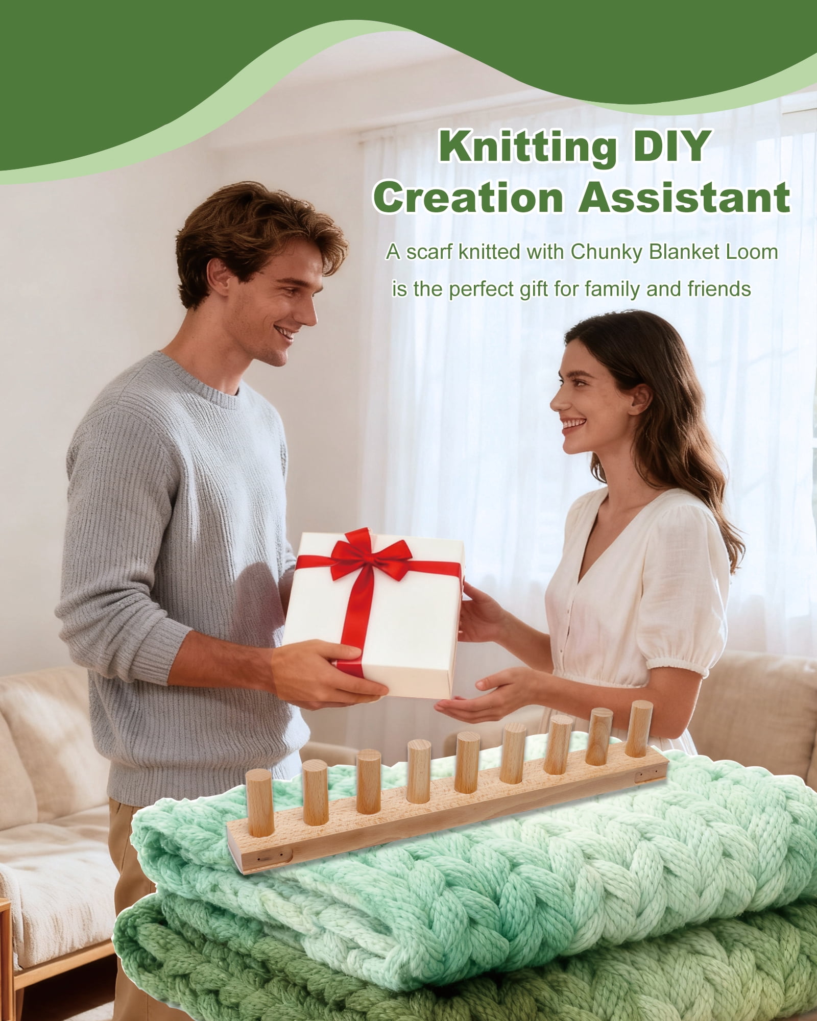 64" Chunky Knit Yarn Blanket Loom Kit, Connectable and Disassemblable 4-in-1 Chunky Yarn Knitting Loom, Chunky Blanket Wooden Loom for Beginners