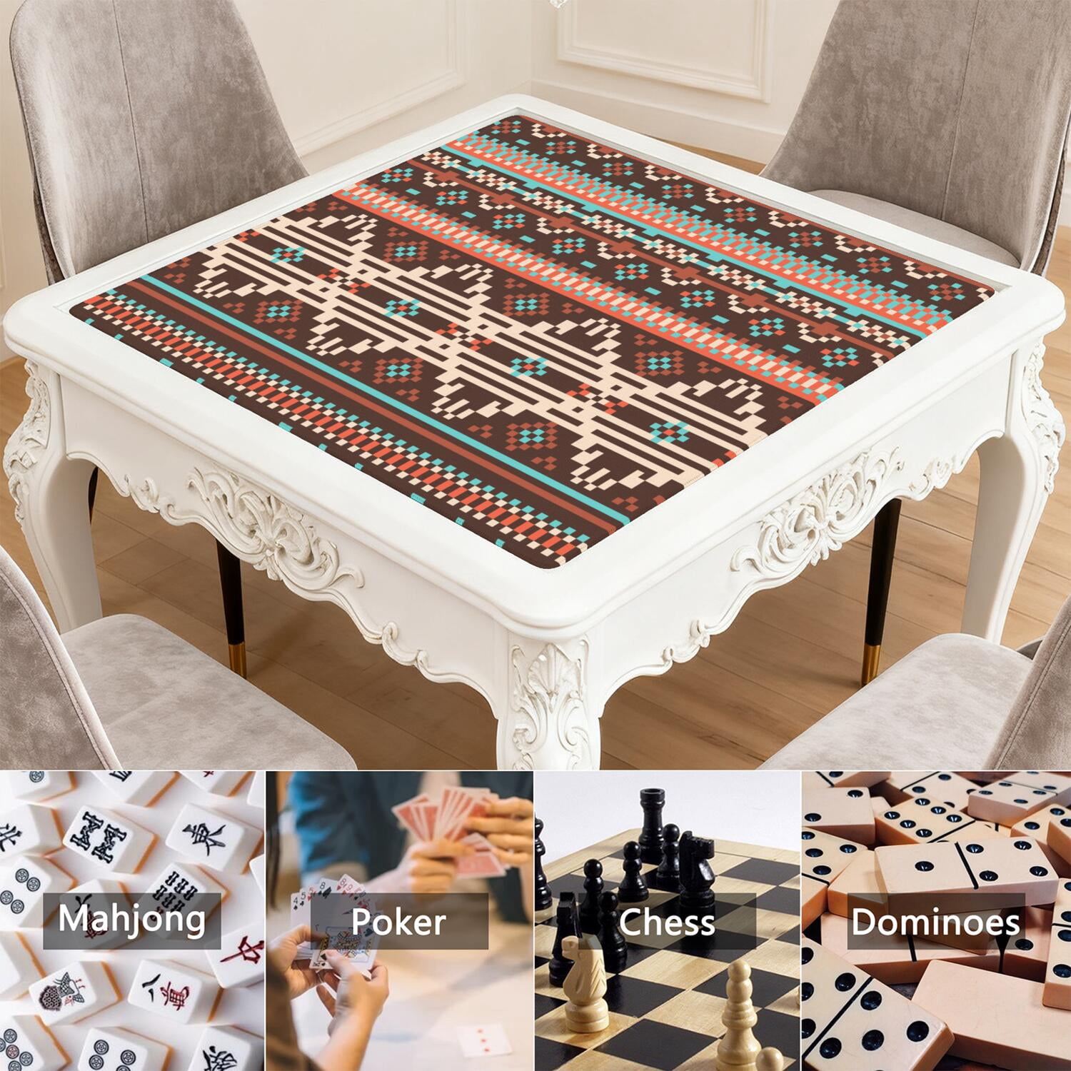 31.5 Inch Boho Style Mahjong Pad, Professional Rubber Non-Slip Game Mat with Noise Dampening, Versatile Mat for Card Games Tile Games and Board Games