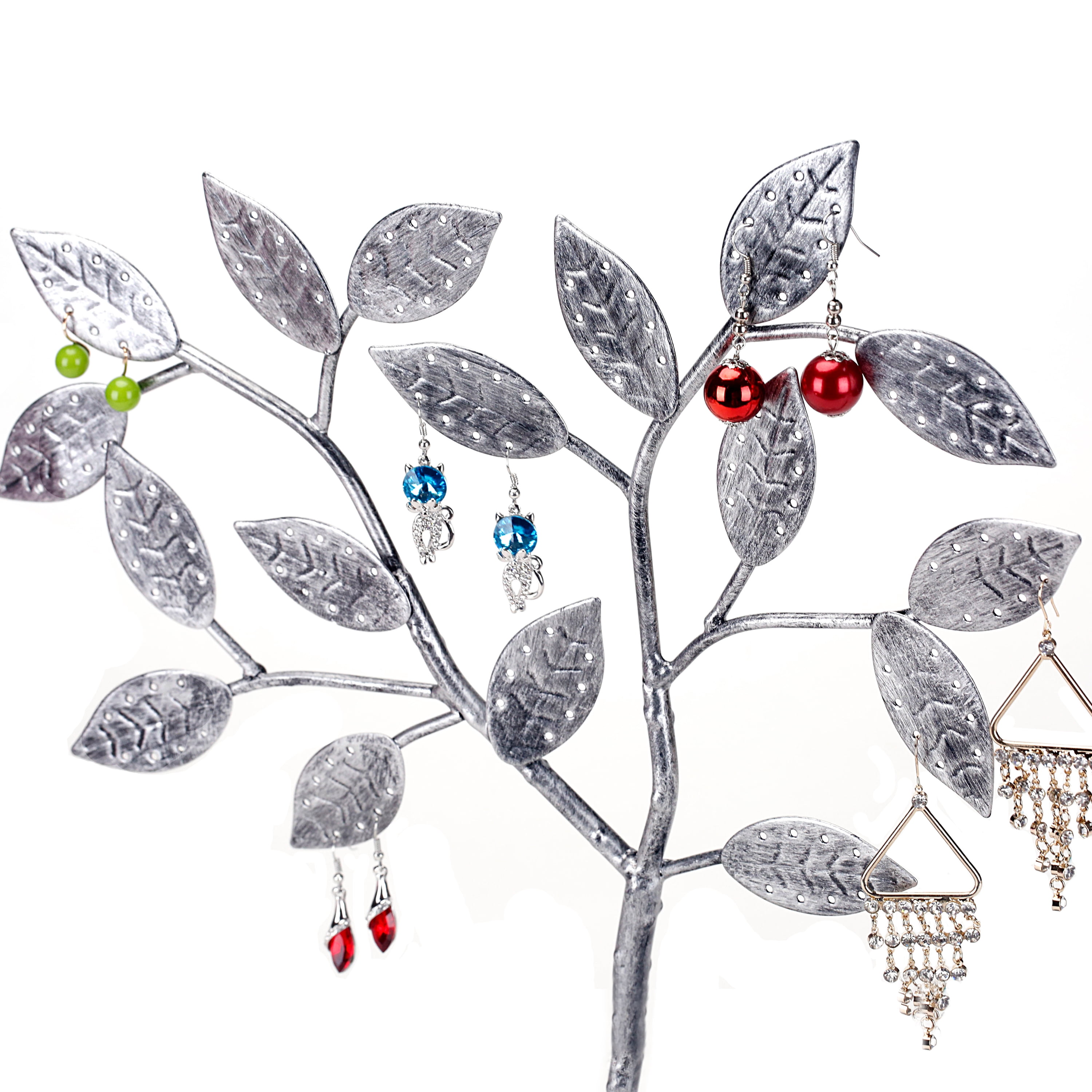 MyGift Tree Design Jewelry Hanger, Earring Necklace Holder with Ring Dish Tray, Silver